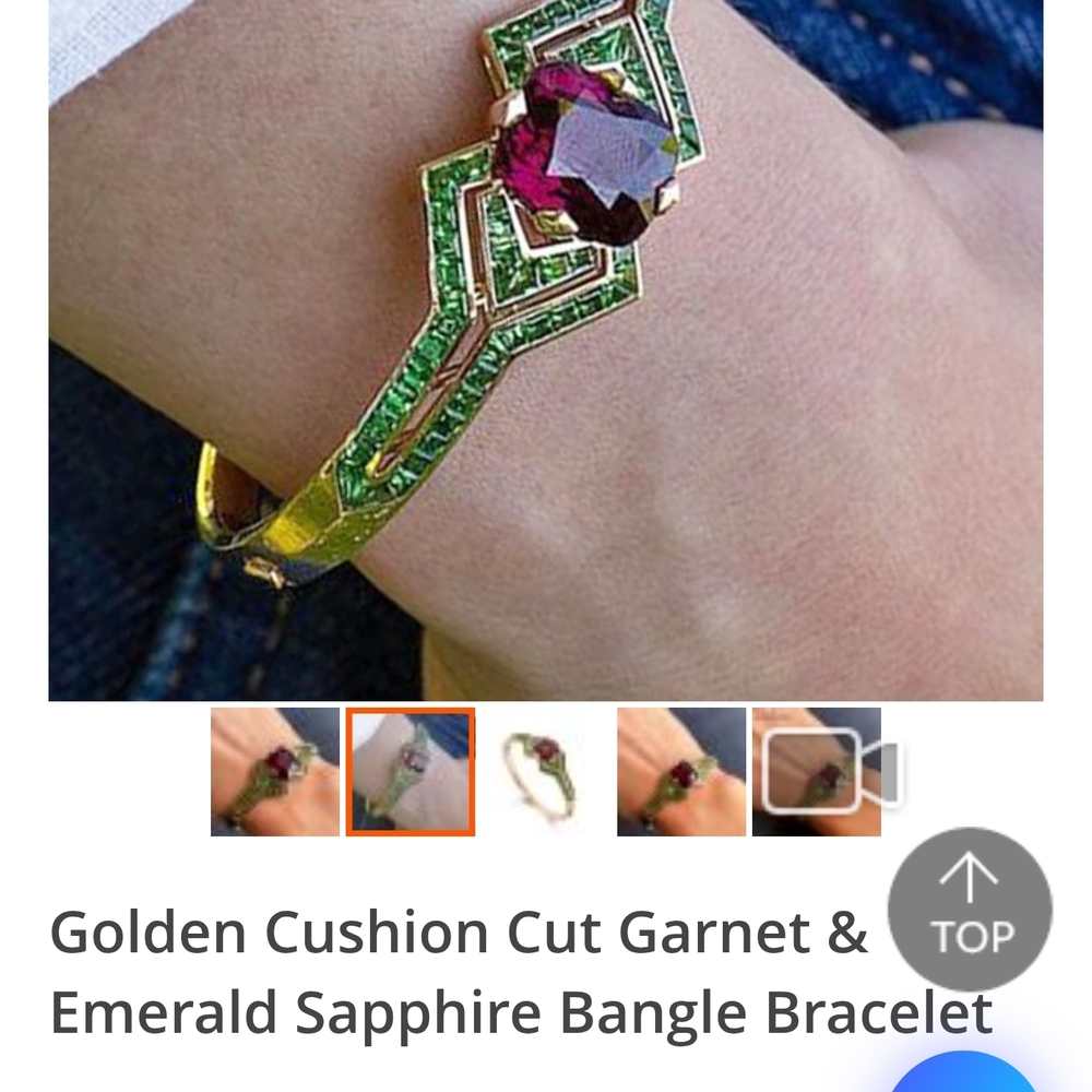 Golden Cushion Cut Garnet & Emerald Gold Bangle Bracelet - Picture 3 of 5